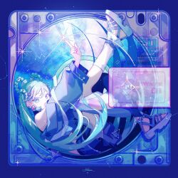  1girl 39 2025 :o aqua_eyes aqua_hair arm_up armpit_crease artist_name asymmetrical_legwear bare_shoulders black_skirt black_thighhighs blue_background blue_jacket blue_sandals braid character_name commentary constellation constellation_request copyright_name cropped_jacket ear_piercing earrings fantasia_sora from_side full_body hair_ornament hatsune_miku heart heart_earrings highres index_finger_raised jacket jewelry knee_up layered_skirt leg_up leg_warmers long_hair long_sleeves looking_at_viewer looking_to_the_side lying magical_mirai_(vocaloid) magical_mirai_miku magical_mirai_miku_(2025) midriff miniskirt mismatched_legwear off_shoulder on_back open_mouth piercing pleated_skirt puffy_long_sleeves puffy_sleeves raised_eyebrows ribbon sandals see-through_skirt_layer shooting_star sideways_glance signature single_leg_warmer single_thighhigh skirt sleeveless solo star_(sky) star_(symbol) star_hair_ornament starry_sky_background stirrup_legwear tassel tassel_earrings thigh-highs toeless_legwear turning_head twin_braids twintails uneven_legwear very_long_hair vocaloid white_leg_warmers white_ribbon 