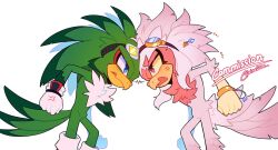 2boys beak blue_eyes einelitas english_text fenix_the_galah from_side furry furry_male gloves goggles goggles_on_head green_fur highres jet_the_hawk multiple_boys oc original pink_eyes pink_fur simple_background sonic_(series) sonic_riders sonic_riders_(series) trait_connection white_background white_gloves