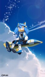 1girl animal_ears artist_name black_gloves blue_fur blue_sky boots brown_eyes clouds day furry furry_female gaia_light_the_hedgehog gaiuki3276 gloves hedgehog_girl highres hoverboard jacket oc open_clothes open_jacket original outdoors sitting sky solo sonic_(series) sonic_riders sonic_riders_(series) white_jacket