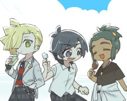  3boys =_= belt black_belt black_eyes black_hair black_shirt blonde_hair bracelet chiyo408 closed_eyes clothes_around_waist clouds collared_shirt commentary_request dark-skinned_male dark_skin day elio_(pokemon) food gladion_(academy)_(pokemon) gladion_(pokemon) green_eyes green_hair hair_over_one_eye hand_on_own_hip hau_(pokemon) holding holding_food holding_juice_box holding_popsicle jacket jacket_around_waist jewelry lapels long_sleeves lowres male_focus multiple_boys necklace notched_lapels open_clothes open_jacket open_mouth outdoors pants plaid_clothes plaid_pants pokemon pokemon_sm popsicle red_shirt shirt short_hair short_sleeves smile striped_clothes striped_shirt t-shirt two-tone_shirt white_jacket white_shirt 