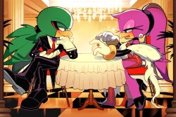 1boy 1girl alternate_costume alternate_hairstyle beak black_jacket black_pants black_shoes blue_eyes blush checkered_floor collared_shirt crossed_legs dress furry furry_female furry_male gloves green_eyes green_fur highres indoors jacket jet_the_hawk necktie pants pink_fur red_dress red_necktie shirt shoes sidelocks sitting sonic_(series) sonic_riders sonic_riders_(series) table tiramisuuuu_6 wave_the_swallow white_gloves white_shirt