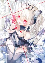  absurdres blood demon dress gun highres horns lolita_fashion negimapurinn no_bra pointy_ears thigh-highs torn_clothes weapon wings 