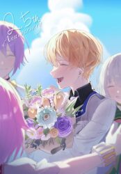  2boys 2girls blonde_hair blue_sky blush bouquet bracelet closed_eyes clouds collared_shirt day flower gradient_hair grey_hair hair_between_eyes highres holding holding_bouquet jacket jewelry kamishiro_rui kusanagi_nene maengkkong8852 multicolored_hair multiple_boys multiple_girls necktie ootori_emu open_mouth orange_flower outdoors pink_hair project_sekai purple_flower purple_hair shirt short_hair sky smile teeth tenma_tsukasa upper_body white_jacket yellow_flower 