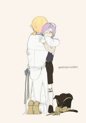  2boys age_difference aged_down aqua_hair asymmetrical_bangs black_shirt black_shorts blonde_hair blue_hair blush child full_body hand_on_another&#039;s_head hat highres hug jacket kamishiro_rui kneehighs kneeling korean_commentary legwear_garter long_sleeves maengkkong8852 male_focus multicolored_hair multiple_boys pants project_sekai purple_hair shirt shoes short_hair shorts simple_background socks streaked_hair tenma_tsukasa twitter_username two-tone_hair unworn_hat unworn_headwear white_background white_jacket white_pants white_shirt white_socks yellow_eyes 