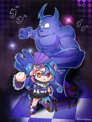  1girl absurdres arm_up blue_hair checkered_floor coat commentary dress english_commentary fur-trimmed_dress fur_trim heterochromia highres jojo_no_kimyou_na_bouken lennykaise long_hair menacing_(jojo) multicolored_hair pero_(wuthering_waves) pink_eyes pink_hair purple_coat roccia_(wuthering_waves) twintails twitter_username two-tone_hair white_dress wuthering_waves yellow_eyes 