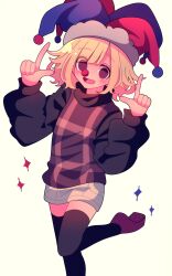  1girl absurdres arms_up black_sweater black_thighhighs blonde_hair clown clown_nose foot_out_of_frame grey_shorts hat highres index_fingers_raised jester_cap leg_up long_sleeves looking_at_viewer ohamihaeru open_mouth plaid_clothes plaid_sweater_vest plaid_vest purple_shoes purple_sweater_vest shoes short_hair short_shorts shorts simple_background smile solo sparkle standing standing_on_one_leg sweater sweater_vest thigh-highs urotsuki vest violet_eyes white_background yume_2kki zettai_ryouiki 