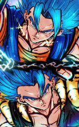  2boys black_vest blue_eyes blue_hair blue_shirt dragon_ball dragon_ball_super dragon_ball_super_broly earrings glint gogeta ham5037 highres jewelry male_focus medium_hair multiple_boys muscular muscular_male open_clothes open_vest orange_shirt potara_earrings shirt smirk spiky_hair super_saiyan super_saiyan_blue upper_body vegetto vest 