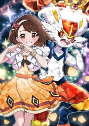  1girl 1other animal_ears blush body_fur bracelet breasts brown_eyes brown_hair cinderace dress flower furry gloria_(anniversary_2025)_(pokemon) gloria_(pokemon) gradient_clothes gradient_dress hair_ornament hairband heart heart_hands highres jewelry official_alternate_costume open_mouth orange_dress pokemon pokemon_(creature) pokemon_masters_ex rabbit_ears red_eyes short_hair short_sleeves smile star_(symbol) teeth terastallization white_fur white_hairband yuu_(jgvj7873) 