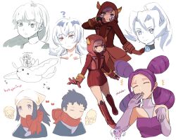 1boy ? akari_(pokemon) bunyip_(heavyshrimp) clair_(pokemon) courtney_(pokemon) fake_horns fantina_(pokemon) galaxy_expedition_team_survey_corps_uniform highres horns irida_(pokemon) makiko_(tamagotchi) mantine ojou-sama_pose one_eye_closed people's_liberation_army pokemon pokemon_dppt pokemon_hgss pokemon_legends:_arceus pokemon_oras purple_hair red_scarf sabrina_(pokemon) scarf signature tamagotchi team_magma violet_eyes