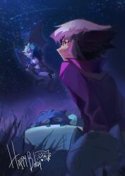  angel_wings blue_hair blush brown_eyes brown_hair cat collared_jacket demon_girl demon_wings duel_academy_uniform_(yu-gi-oh!_gx) duel_monster extra_eyes jacket multicolored_hair night night_sky pharaoh_(cat) popped_collar qinggxin red_jacket sitting sky smile third_eye white_hair winged_kuriboh wings yu-gi-oh! yu-gi-oh!_gx yubel yuki_judai 