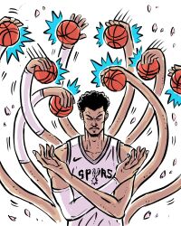  1boy ball basketball_(object) basketball_uniform black_hair closed_eyes commentary crossed_arms devil_fruit_power extra_arms facial_hair goatee highres luckymong mustache nico_robin one_piece petals real_life simple_background sportswear upper_body victor_wembanyama white_background 