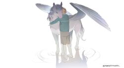  1boy aged_down animal brown_shorts child feathered_wings full_body green_shirt highres horse hug long_sleeves maengkkong8852 male_focus pegasus project_sekai reflection ripples shirt short_hair shorts simple_background socks standing tenma_tsukasa twitter_username water white_background wings 