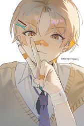  1boy bandages bandaid bandaid_on_face bandaid_on_hand bandaid_on_nose blonde_hair blue_necktie blush closed_mouth collared_shirt ear_piercing earrings fingernails hair_ornament hairclip highres jewelry looking_at_viewer maengkkong8852 male_focus nail_polish necktie orange_eyes orange_hair parted_bangs piercing project_sekai school_uniform shirt short_hair simple_background smile solo sweater_vest tenma_tsukasa twitter_username upper_body v white_background white_shirt x_hair_ornament 