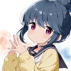  1girl azumawari_(azumofu) black_sailor_collar blue_hair blush closed_mouth hair_bun hashtag-only_commentary highres long_sleeves looking_at_viewer motosu_school_uniform neckerchief sailor_collar school_uniform serafuku shima_rin sidelocks single_hair_bun solo steepled_fingers sweater upper_body violet_eyes white_background white_neckerchief yellow_sweater yurucamp 