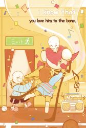  1other 2017 2boys 2d ambiguous_gender armor ball baseball_(object) basketball_(object) black_shorts blue_jacket blue_shirt blue_shorts brothers brown_hair cape closed_eyes comic_sans dancing delomia digital_media door english_text frisk_(undertale) full_body gloves grey_hood height_difference holding holding_hands holding_instrument hollow_eyes hood hood_down hooded_jacket horizontal-striped_clothes human humanoid indoors instrument jacket male monster monster_boy multiple_boys music musical_note open_clothes open_jacket papyrus_(undertale) pink_slippers pink_stripes playing_instrument radio red_cape red_gloves sans_(undertale) shirt short_hair shorts siblings simple_background skeleton slippers socks striped_clothes striped_shirt striped_shorts teeth text trio trombone two-tone_shirt undead undertale utdr_(toby_fox) vertical-striped_clothes vertical-striped_shorts white_armor white_shirt white_socks white_stripes yellow_background 