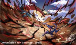  battle blue_sky claws clouds commission commissioner_name dated day debris dragon energy_ball eye_trail flying garchomp highres light_trail mochachiiino motion_blur no_humans open_mouth outdoors pokemon pokemon_(creature) pokemon_focus roaring_moon sharp_teeth signature sky spikes teeth 