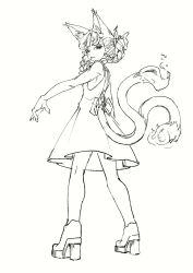  1girl animal_ears braid cat_ears cat_girl cat_tail dress extra_ears fiery_tail from_behind full_body high_heels highres hyoutan_tan kaenbyou_rin looking_at_viewer multiple_tails pointy_ears side_braids simple_background solo tail touhou twin_braids two_tails 