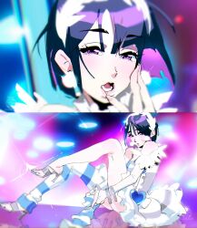  1girl alien_stage black_hair blurry blurry_background finger_to_mouth full_body hair_between_eyes headband high_heels highres looking_at_viewer lower_teeth_only multiple_views open_mouth panty_&amp;_stocking_with_garterbelt portrait removing_legwear single_bare_leg striped_leggings sua_(alien_stage) teeth uchiha_i_arts violet_eyes white_headband 