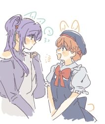  2girls :d alternate_costume animal_ears apron beret black_apron black_hat bow bowtie cat_ears cerise_bouquet collared_shirt commentary drawn_ears drawn_tail eye_contact flower flying_sweatdrops frilled_shirt_collar frilled_sleeves frills green_eyes hachiban_ramen hachiban_ramen_uniform hair_bun hair_flower hair_ornament hat hinoshita_kaho link!_like!_love_live! long_hair long_sleeves looking_at_another love_live! multiple_girls official_alternate_costume open_mouth orange_hair otomune_kozue profile puffy_short_sleeves puffy_sleeves purple_hair purple_shirt rabbit_ears rabbit_tail red_bow red_bowtie red_flower shirt short_hair short_sleeves side_ponytail simple_background single_side_bun sleeves_past_wrists smile symbol-only_commentary tail virtual_youtuber white_background white_shirt woodonly 