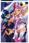  2girls :p absurdres angel angel_and_devil angel_wings blonde_hair blue_eyes blue_hair boots demon demon_girl demon_tail detached_sleeves devil female girl&#039;s_avenue hat highres long_hair megami multiple_girls official_art panties pink_eyes pointy_ears tail thigh-highs thighhighs tongue twintails underwear usatsuka_eiji wings 