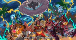  arm_up brown_hair claws clenched_hand clouds cloudy_sky club_(weapon) colored_sclera commission commissioner_name dark-skinned_male dark_skin debris electricity energy_ball facial_hair fang fire floating flutter_mane green_eyes holding holding_club holding_poke_ball holding_weapon hood hood_down hoodie incineroar landorus landorus_(incarnate) life_orb long_sleeves mask mochachiiino ogerpon ogerpon_(wellspring_mask) open_mouth outdoors palm_tree poke_ball poke_ball_(basic) pokemon punching raging_bolt red_sclera sharp_teeth short_hair signature skin_fang sky slit_pupils smile spiked_club teeth tree urshifu urshifu_(single) violet_eyes water weapon yellow_eyes yellow_sclera 