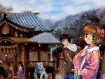  card_captor_sakura highres japanese_clothes kimono kinomoto_sakura kinomoto_touya moonknives mutsuki_(moonknives) shrine snow 