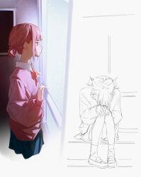  1girl ao_no_hako blue_skirt bow chouno_hina closed_mouth collared_shirt hand_on_window highres long_sleeves looking_outside looking_to_the_side pink_hair pink_sweater red_bow red_eyes school_uniform shirt sketch skirt solo sweater window windowsill zero808w 
