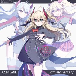  3girls :d absurdres admiral_hipper_(azur_lane) admiral_hipper_(meta)_(azur_lane) anniversary azur_lane black_dress black_nails black_ribbon blonde_hair bluecher_(azur_lane) blush breasts buttons commentary_request copyright_name cross curly_hair double-breasted dress ghost green_eyes hair_between_eyes hair_ribbon hand_up happy headgear hebitsukai-san highres iron_cross large_breasts long_hair looking_at_viewer miniskirt mole mole_under_eye multicolored_hair multiple_girls orange_eyes outstretched_arm plaid_clothes plaid_skirt prinz_eugen_(azur_lane) red_hair red_pupils red_scarf red_skirt ribbon scarf skirt small_breasts smile streaked_hair thighs very_long_hair white_hair 