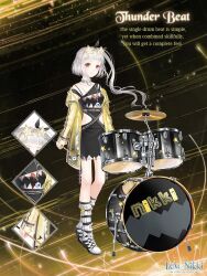  1girl ankle_socks artist_request asymmetrical_dress black_background black_bow black_dress blunt_bangs bow brown_eyes chain character_name close-up closed_mouth collar copyright_name dot_nose dress drum drumsticks english_text eyewear_on_head full_body glasses grey_collar hair_bow happy holding holding_drumsticks hood hood_down hooded_jacket instrument jacket jewelry light_blush light_particles logo long_hair long_sleeves looking_at_viewer loose_socks miracle_nikki necklace nikki_(series) o-ring official_art open_clothes open_jacket see-through_clothes see-through_jacket shoes short_sleeves side_ponytail side_slit single_bare_shoulder sleeves_past_wrists smile sneakers socks solo sparkle standing star-shaped_eyewear star_(symbol) star_print striped_clothes striped_socks studded_collar teeth_print thunder_beat_(miracle_nikki) torn_clothes torn_sleeves vertical-striped_clothes vertical-striped_socks wavy_hair white_hair white_shoes white_socks yellow-framed_eyewear yellow_jacket 