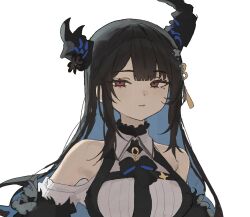  1girl arch_05x asymmetrical_horns bare_shoulders black_bow black_bowtie black_flower black_hair black_jacket blue_hair bow bowtie breast_strap breasts closed_mouth clothing_cutout collared_shirt colored_inner_hair demon_horns dress_shirt facing_viewer flower fur_trim hair_ornament highres hololive hololive_english horn_flower horns jacket large_breasts long_hair looking_at_viewer mole mole_under_eye multicolored_hair nerissa_ravencroft nerissa_ravencroft_(1st_costume) red_eyes ribbed_shirt shirt shoulder_cutout sidelocks simple_background solo swept_bangs tassel tassel_hair_ornament upper_body virtual_youtuber white_hair white_shirt 
