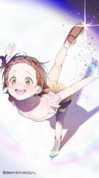  1girl :d ballet blush brown_eyes brown_hair choker collarbone forehead full_body hair_ribbon highres ice_skates maengkkong8852 medalist_(manga) open_mouth outstretched_arms ribbon shirt short_hair shorts skates skirt smile solo standing standing_on_one_leg teeth upper_teeth_only white_shirt yuitsuka_inori 
