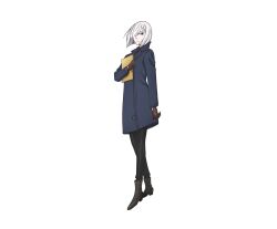  1girl anime_coloring black_pants black_sweater blue_coat bob_cut boots breasts brown_gloves closed_mouth coat collared_sweater fiona_frost full_body gloves grey_boots grey_eyes hair_over_one_eye hand_up highres holding holding_notebook long_sleeves looking_at_viewer medium_breasts notebook official_art pants shimada_kazuaki short_hair simple_background solo spy_x_family standing sweater tachi-e transparent_background white_hair 