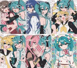 2boys 4girls :d absurdres aqua_eyes aqua_hair aqua_necktie arm_warmers bare_shoulders black_sailor_collar black_sleeves blonde_hair blue_eyes blue_hair blue_scarf blush_stickers bow brown_eyes brown_hair closed_eyes closed_mouth coat collared_shirt crop_top danjou_sora detached_sleeves grey_shirt grid_background hair_between_eyes hair_bow hair_intakes hair_ornament hairband hairclip hat hatsune_miku headphones headset highres jacket kagamine_len kagamine_rin kaito kaito_(vocaloid) long_hair long_sleeves looking_at_viewer megurine_luka meiko_(vocaloid) midriff multiple_boys multiple_girls nail_polish navel neck_ribbon neckerchief necktie number_tattoo one_eye_closed open_mouth pink_hair red_skirt ribbon sailor_collar scarf shirt short_hair short_sleeves skirt sleeveless sleeveless_shirt smile sparkle tattoo tongue tongue_out twintails upper_body v-shaped_eyebrows very_long_hair vocaloid white_bow white_coat white_jacket white_shirt yellow_neckerchief yellow_necktie yellow_ribbon