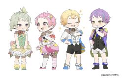  2boys 2girls aged_down asymmetrical_legwear bangs_pinned_back black_vest blonde_hair blue_hair blush boots bow bowtie buttons cape child closed_eyes closed_mouth frills full_body gloves green_hair green_hairband green_vest hair_ornament hairband hand_on_own_chest hand_on_own_hip highres kamishiro_rui kusanagi_nene long_sleeves maengkkong8852 multicolored_hair multiple_boys multiple_girls official_alternate_costume official_alternate_hairstyle ootori_emu open_mouth pink_eyes pink_hair project_sekai purple_hair shirt short_bangs short_hair short_sleeves short_twintails shorts simple_background skirt smile sparkle standing star_(symbol) streaked_hair striped_clothes teeth tenma_tsukasa thigh-highs twintails two-tone_hair upper_teeth_only vest violet_eyes white_background white_gloves yellow_eyes 