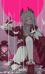  1girl absurdres arknights black_gloves black_sweater chinese_commentary closed_mouth commentary_request front-seamed_legwear full_body gloves grey_eyes grey_hair gun handgun highres holding holding_gun holding_sword holding_weapon irene_(arknights) kattil_a710 lantern long_hair long_sleeves looking_to_the_side on_one_knee outdoors pantyhose pink_pupils puffy_long_sleeves puffy_sleeves rain rapier scar scar_across_eye scar_on_face seamed_legwear shaded_face sideways_glance skirt solo sweater sword weapon white_pantyhose white_skirt 