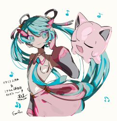  1girl after_epochs_(vocaloid) aozukikawasemi aqua_eyes aqua_hair aqua_necktie beamed_eighth_notes black_sleeves blue_eyes closed_eyes closed_mouth collared_shirt crossover detached_sleeves eighth_note grey_shirt hair_ornament hair_ribbon hand_on_headphones headphones highres jigglypuff long_hair musical_note necktie pink_skirt pokemon pokemon_(creature) ribbon shirt signature simple_background skirt sleeveless sleeveless_shirt smile twintails very_long_hair vocaloid white_background white_shirt 