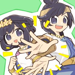  1boy 1girl :d bead_necklace beads black_eyes black_hair blue_sash chiyo408 commentary_request dual_persona elio_(champion)_(pokemon) elio_(pokemon) flower green_background headband jewelry necklace open_mouth pokemon pokemon_masters_ex reaching reaching_towards_viewer sash selene_(champion)_(pokemon) selene_(pokemon) short_hair smile tareme teeth upper_teeth_only yellow_flower yellow_headband 