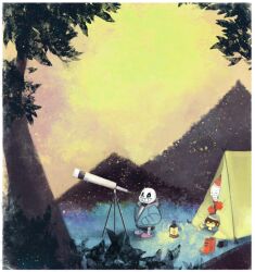  1other 2016 2boys 2d ambiguous_gender armor black_shorts blue_jacket blue_shirt blue_shorts boots brothers brown_hair cape child coat delomia digital_media frisk_(undertale) gloves grey_hood height_difference hood hood_down hood_up hooded_jacket horizontal-striped_clothes human humanoid jacket lamp male monster monster_boy mountain multiple_boys nightcap open_clothes open_jacket outdoors papyrus_(undertale) pink_slippers pink_stripes raincoat red_boots red_cape red_gloves revision sans_(undertale) shirt short_hair shorts siblings simple_background skeleton sky slippers socks striped_clothes striped_shirt striped_shorts teeth telescope tent trio two-tone_shirt undead undertale unworn_boots utdr_(toby_fox) vertical-striped_clothes vertical-striped_shorts white_armor white_shirt white_socks white_stripes yellow_background yellow_boots yellow_coat 