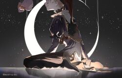  1boy black_pants blonde_hair crescent_moon flower from_side hat highres jester long_sleeves maengkkong8852 male_focus moon night night_sky official_alternate_costume pants parted_lips project_sekai puffy_sleeves short_hair sitting sky solo star_(sky) star_sky starry_sky stuffed_bunny_(project_sekai) ten_no_hate_no_phoenix_e_(project_sekai) tenma_tsukasa twitter_username wariza 