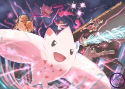  :d absurdres arcanine bisharp black_pants blue_eyes commission conkeldurr dated dynamax fangs fire gengar highres holding hood hood_down hoodie hydro_pump_(pokemon) mask midair mochachiiino mouth_mask night open_mouth orange_hair pants pokemon pokemon_move red_clouds riding riding_pokemon rotom rotom_(wash) short_hair signature sky smile star_(sky) teeth togekiss water white_hoodie wind 