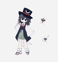 1other androgynous bare_legs bare_shoulders black_coat black_eyes black_hair black_hat closed_mouth coat coattails collared_shirt collared_socks crossed_bangs detached_sleeves duanmuhuayang enraku_tsubakura expressionless eye_of_senri green_hakama grey_background hair_between_eyes hakama hakama_short_skirt hakama_skirt hat highres japanese_clothes jynx_(trick_nostalgie)_(character) len&#039;en long_sleeves looking_at_viewer loose_hair_strand medium_hair neck_ribbon necktie orange_necktie other_focus red_ribbon red_sandals ribbon sandals shirt simple_background skirt sleeveless sleeveless_coat sleeveless_shirt socks standing tabi top_hat white_shirt white_sleeves white_socks wide_sleeves zouri 