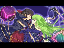  c.c. cc code_geass elbow_gloves gloves green_hair helmet highres hug kannazuki_no_miko lelouch_lamperouge long_hair miko_embrace parody yellow_eyes zero_(code_geass) 