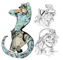 1boy argyle_clothes argyle_sweater arm_behind_head arms_behind_head blonde_hair blue_bow blue_eyes blue_helmet blue_sweater bow closed_mouth cracked_skin diego_brando dinosaur_tail gloves grey_pants hair_between_eyes hashtag-only_commentary helmet highres jojo_no_kimyou_na_bouken long_sleeves looking_at_viewer male_focus medium_hair multiple_views nonomi106 orange_gloves pants partially_colored scary_monsters_(stand) slit_pupils smile stand_(jojo) steel_ball_run sweater tail teeth turtleneck turtleneck_sweater white_background 