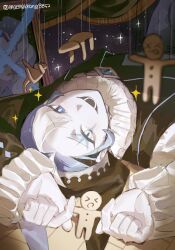  1boy blue_eyes blue_hair blush bright_pupils collar cookie_run cookie_run:_kingdom facial_mark frilled_collar frilled_sleeves frills grey_eyes heterochromia highres jester long_sleeves looking_at_viewer lying maengkkong8852 male_focus multicolored_hair neck_ruff on_back open_mouth pale_skin shadow_milk_cookie shirt short_hair smile solo sparkle twitter_username upside-down white_eyes white_hair white_pupils white_shirt 