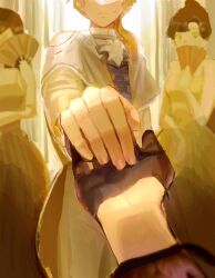  1boy 2girls ascot bare_shoulders black_dress black_gloves black_hair blonde_hair brown_hair dress flower folding_fan gloves hair_over_shoulder hand_fan head_out_of_frame highres holding holding_fan jacket jewelry long_hair maengkkong8852 multiple_girls out_of_frame pov project_sekai shirt sweatdrop tenma_tsukasa white_ascot white_flower white_shirt yellow_dress 