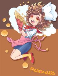  1girl :d anpan basket blue_skirt brown_hair choco_anpan commentary_request food hat high_heels holding holding_basket looking_at_viewer miniskirt mittens mizuki_maya neckerchief object_and_personification open_mouth orange_eyes original oven_mitts pencil_skirt personification red_mittens red_neckerchief red_shoes shirt shoes short_hair skirt smile socks teeth upper_teeth_only white_hat white_shirt yellow_socks 