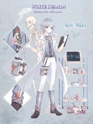  1boy artist_request belt belt_buckle between_fingers black_belt black_shoes blue_shirt buckle cardiogram character_name clipboard close-up collared_shirt copyright_name covered_mouth cross cross_print doctor dress_pants dress_shoes english_text first_aid_kit full_body ghost gloves grey_background grey_leg_warmers grey_necktie holding holding_beaker holding_clipboard holding_scissors leg_warmers logo loose_hair_strand male_focus mask miracle_nikki mouth_mask multiple_belts necktie nikki_(series) official_art outstretched_hand pants parted_bangs pill pill_bottle pinstripe_pattern pinstripe_shirt scissors shirt shoes short_hair skeleton skull_and_crossbones solo standing stethoscope stuffed_animal stuffed_toy swept_bangs teddy_bear thigh_belt thigh_strap watch watch white_bag white_demon_(miracle_nikki) white_gloves white_hair white_mask white_pants 