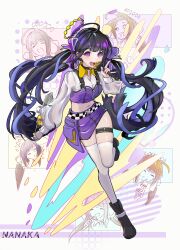  1girl abstract_background absurdres ahoge black_boots black_hair blue_hair blush boots bow character_name chinese_commentary collared_shirt commentary_request english_commentary full_body girls&#039;_frontline_neural_cloud girls_frontline gold_halo hair_bow halo highres holding holding_microphone looking_at_viewer lotan microphone midriff mixed-language_commentary multicolored_hair multiple_views nanaka_(iris-colored_holiday)_(neural_cloud) nanaka_(neural_cloud) navel official_alternate_costume open_mouth purple_bow purple_skirt red_nails red_pupils shirt skirt smile streaked_hair thigh-highs thigh_strap two-tone_hair violet_eyes white_background white_shirt white_thighhighs 