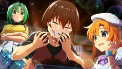  1boy 2girls artist_request blue_eyes blue_pants bow brown_hair brown_shirt closed_eyes clothes_around_waist crossed_arms crying eating food food_on_face game_cg green_eyes green_hair hat highres higurashi_no_naku_koro_ni higurashi_no_naku_koro_ni_mei holding holding_food indoors jacket jacket_around_waist long_hair looking_at_another maebara_keiichi medium_hair multiple_girls non-web_source official_art open_mouth orange_hair pants purple_bow ryuuguu_rena shirt sonozaki_mion sparkle streaming_tears sweatdrop tears white_hat white_shirt yellow_shirt 