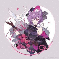  1girl animal_ears animal_on_head animal_on_shoulder arknights ascot bang_dream! bang_dream!_it&#039;s_mygo!!!!! bare_shoulders bilibili_logo bird bird_on_head bird_on_shoulder black_ascot black_dress black_hat black_jacket breasts brown_gloves cat_ears cat_girl character_name dove dress eye_mask feather_boa flower gloves hat holding holding_unworn_clothes holding_unworn_hat jacket kaleka large_breasts looking_at_viewer magician mask off_shoulder on_head petals pink_flower pink_ribbon pink_rose purple_hair ribbon rose short_hair smile solo top_hat unworn_hat unworn_headwear unworn_mask upper_body violet_eyes yuutenji_nyamu yuutenji_nyamu_(magician_of_passion) 
